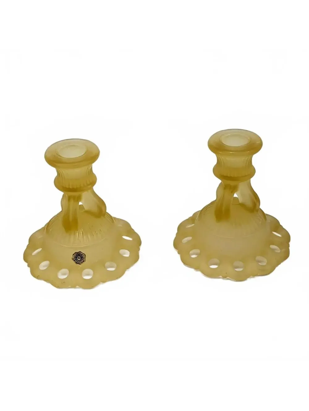 Vtg Westmoreland Yellow Satin Doric Open Lace Candlestick Holders